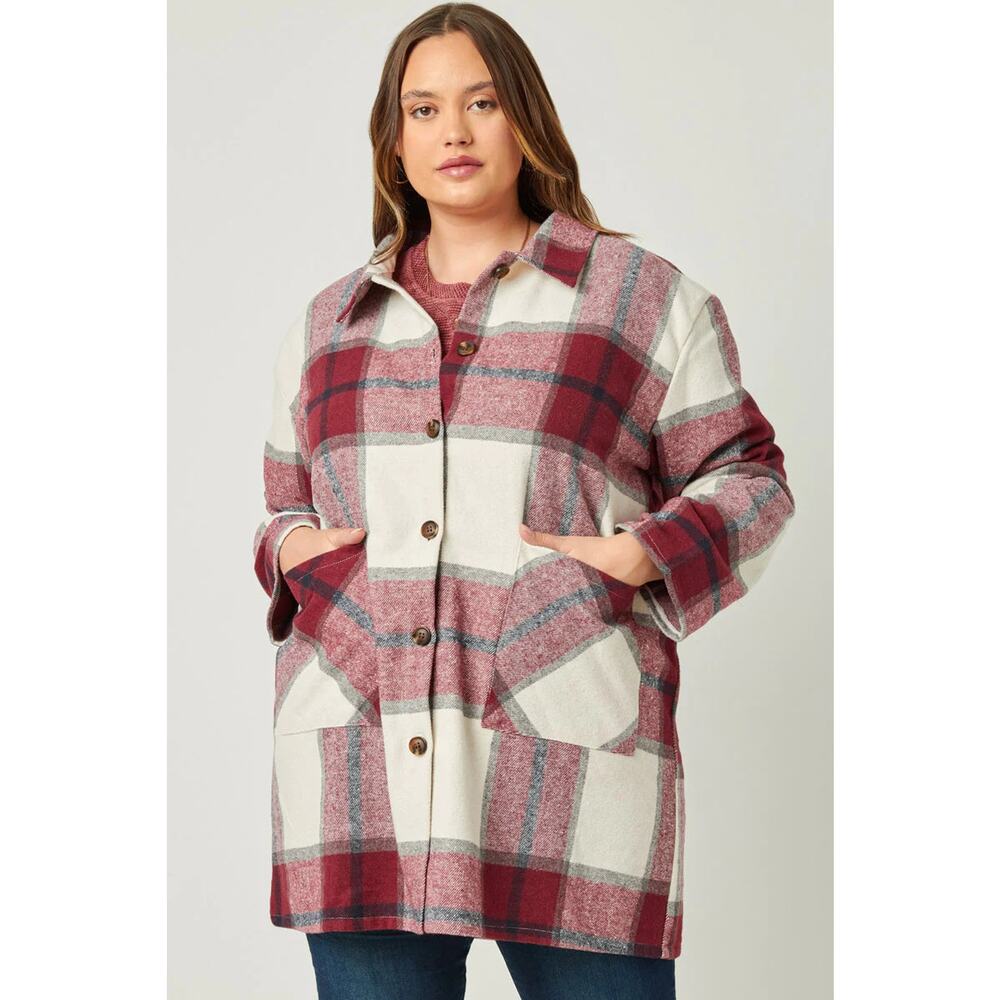 HAYDEN Mandy Plus Burgundy Plaid Shacket with Front Pockets 2X - Picture 3 of 6